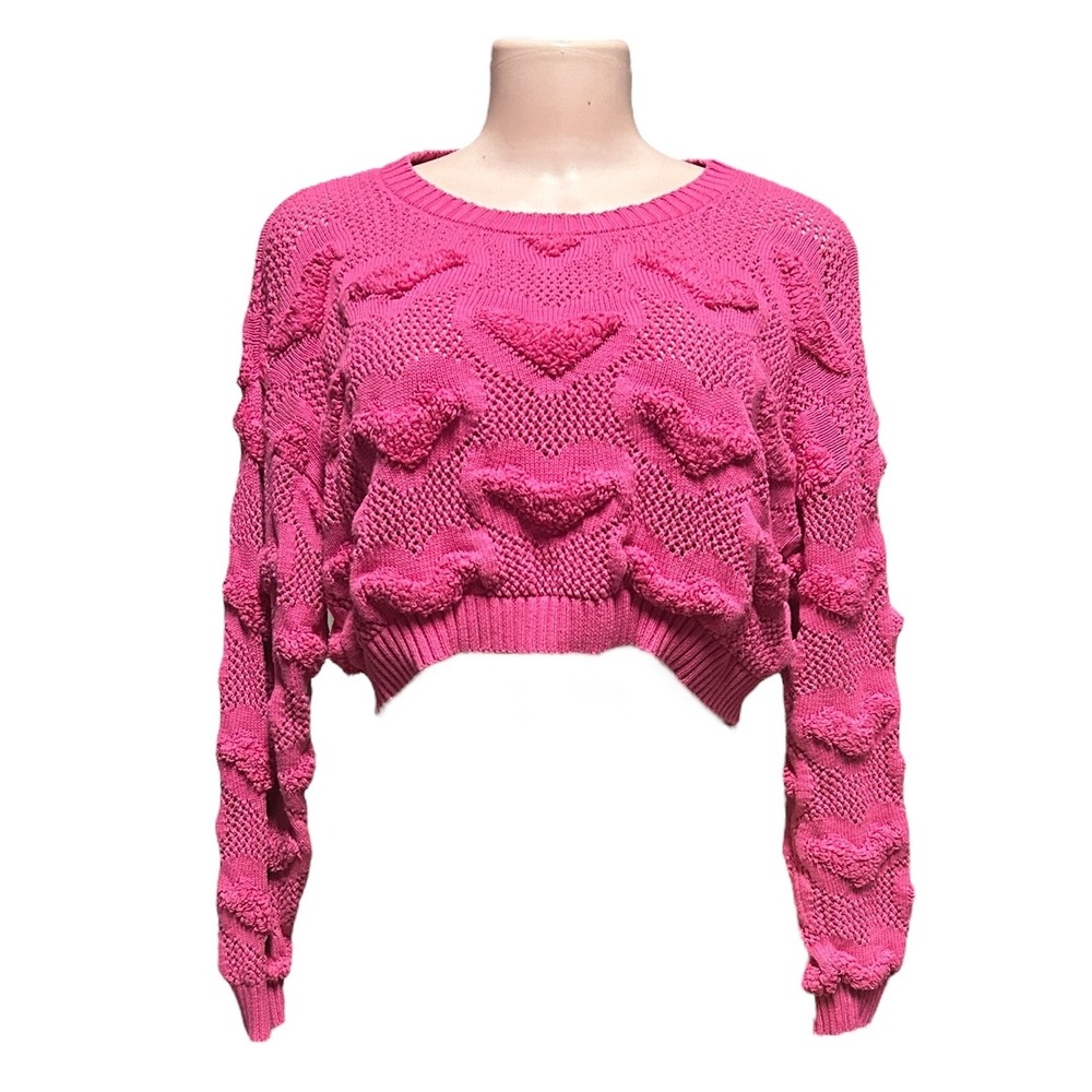 Lizette Collection Heart Pattern Knit Cropped Pullover Sweater Pink Large